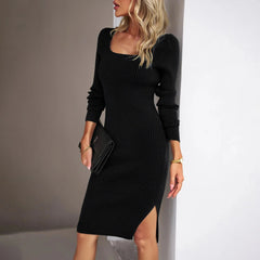 Elegant Ribbed Midi Dress with Side Slit - SIRISE LLC