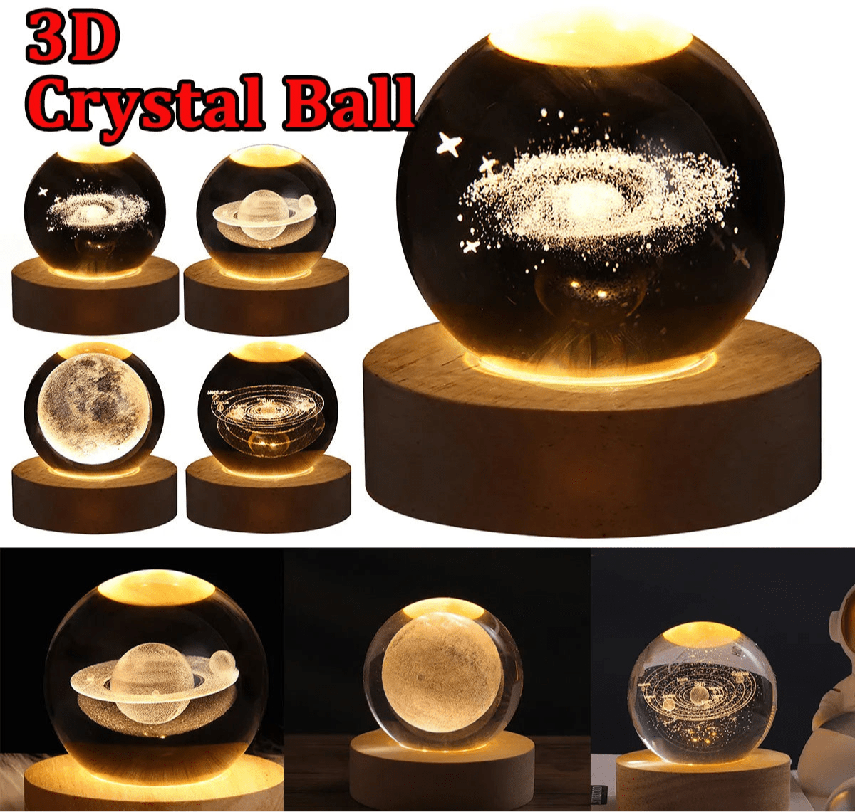 LED Night Light Galaxy Crystal Ball Table Lamp 3D Planet Moon Lamp Bedroom Home Decor - SIRISE LLCAccessories