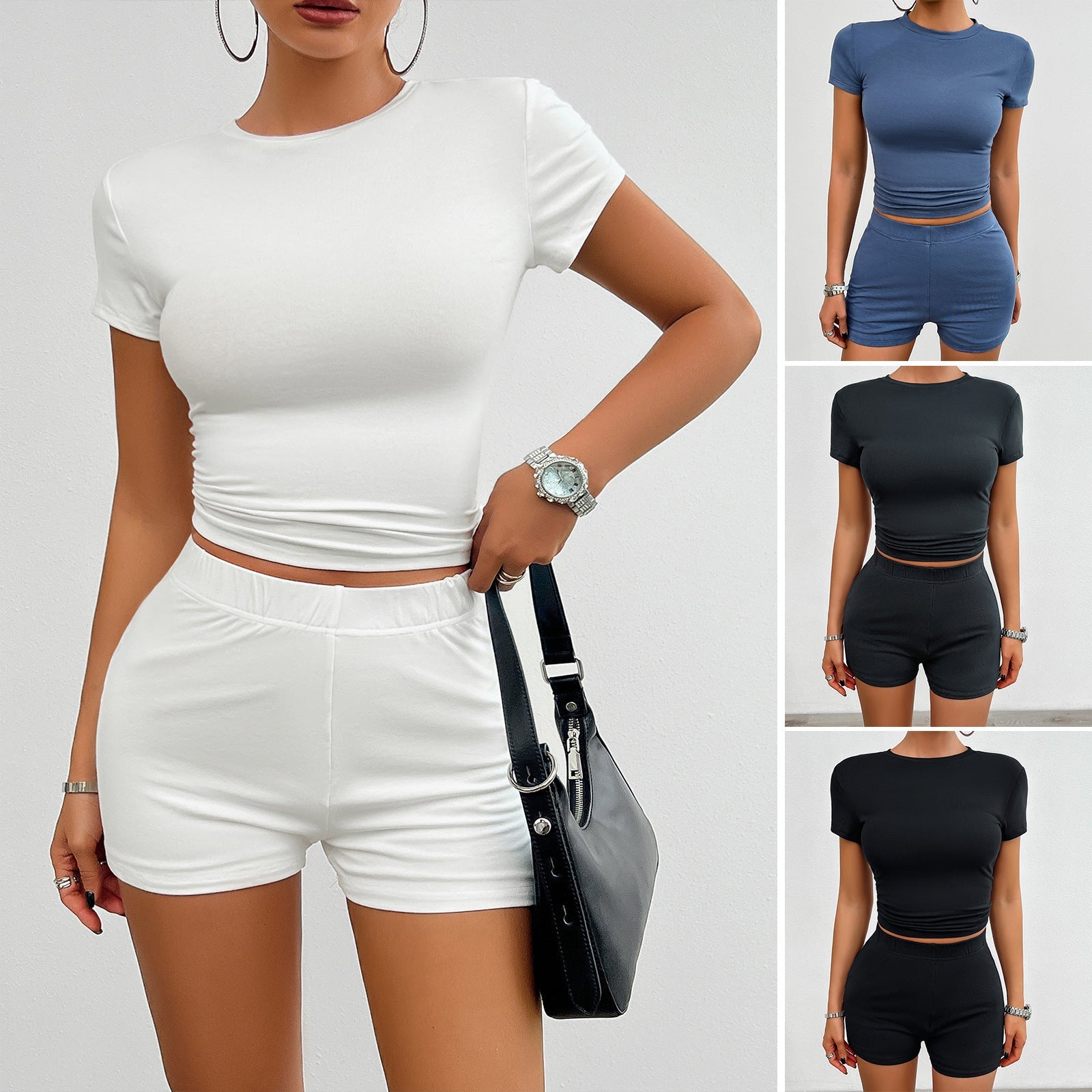 Solid Color Slim Sports Suit Summer 2Pcs Short - sleeved Round Neck T-shirt And Elastic Shorts Fashion - SIRISE LLCAccessories