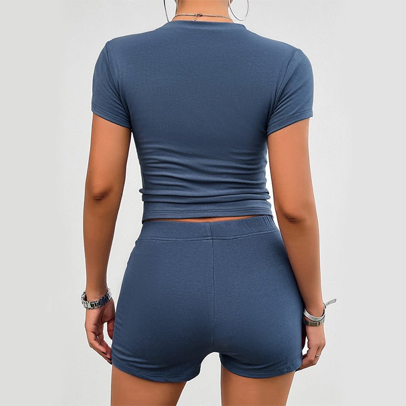 Solid Color Slim Sports Suit Summer 2Pcs Short - sleeved Round Neck T-shirt And Elastic Shorts Fashion - SIRISE LLCAccessories