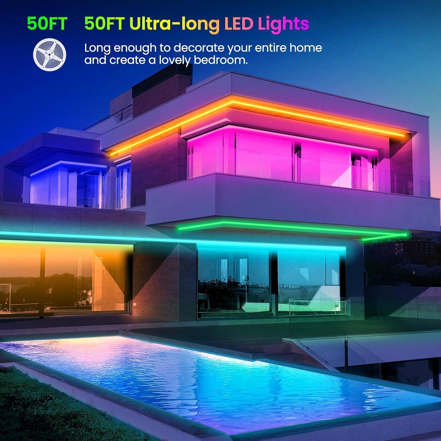 Transform Your Space with 50 FT Bluetooth LED Strip Lights - Color Changing & Music Sync for Ultimate Ambiance! - SIRISE LLC