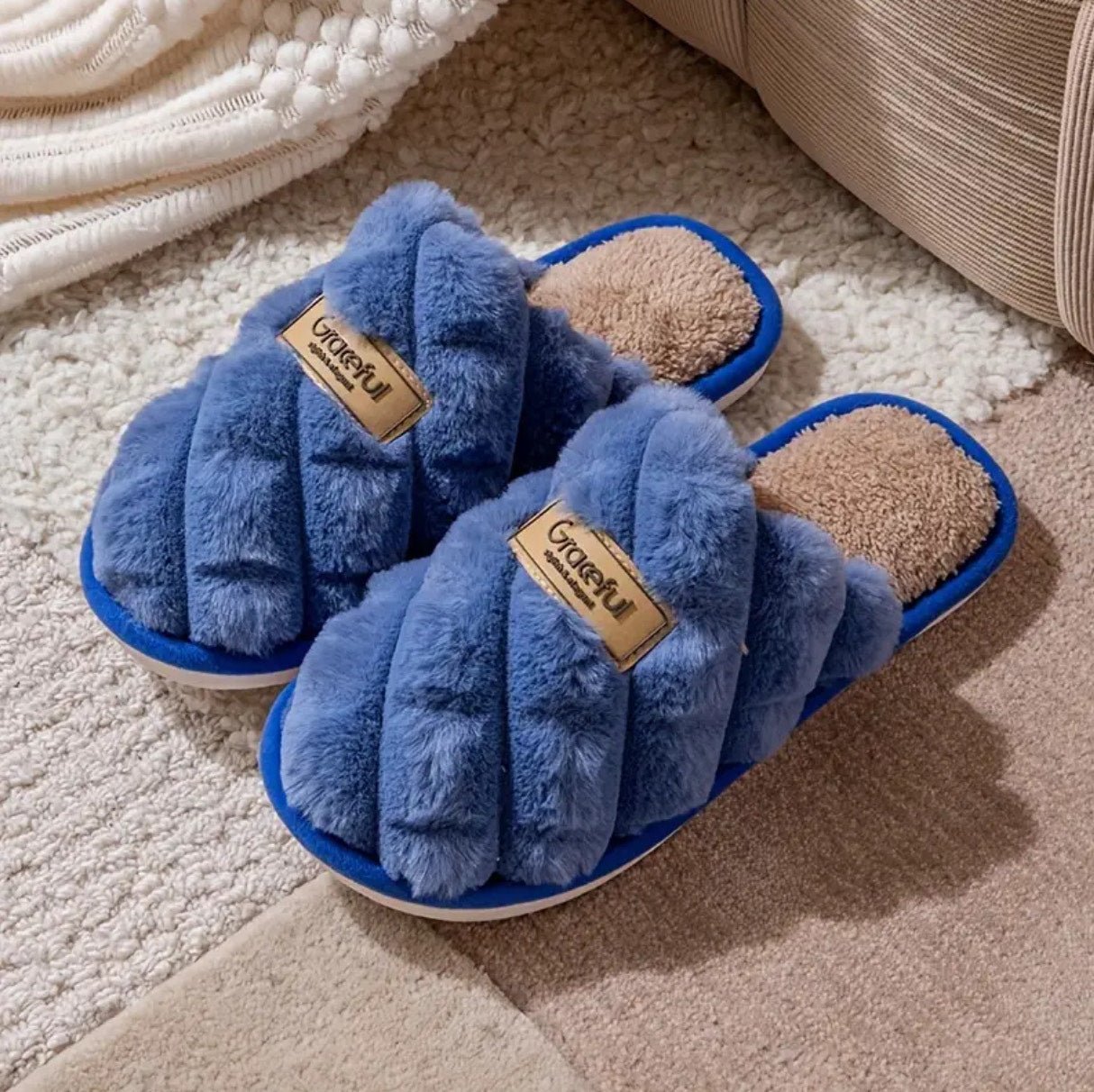 Warm Non - Slip Cozy Slippers Cozy Plaid Colorblock Slippers for Men & Women - Warm, Non - Slip Indoor Home Shoes with Soft Faux Rabbit Fur Lining - SIRISE LLC