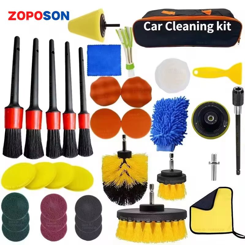 Zoposon Professional Car Cleaning Kit - Comprehensive Scrubber Drill Detailing Brush Set with Air Conditioner Vents Towel Polisher for Ultimate Auto Detailing - SIRISE LLC